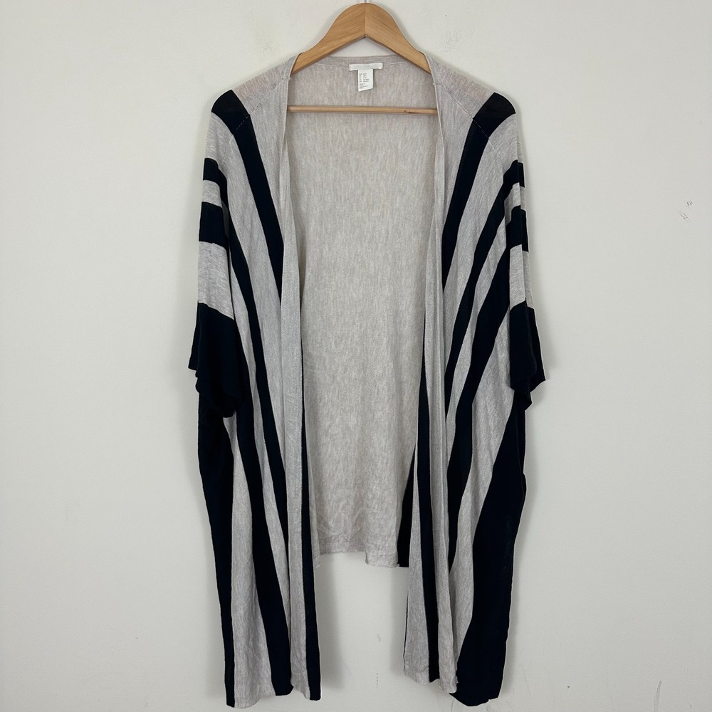 H&M Women’s Oversized Longline Cardigan Black Gray Stripe Open Front Dolman XS/S